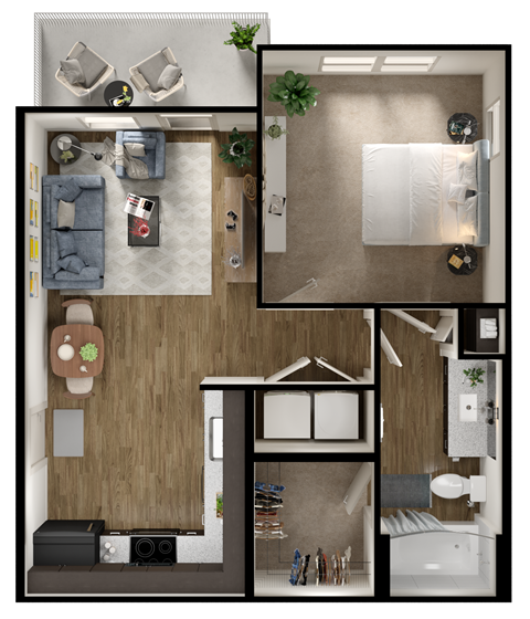 Floor plan for studio, 1 bath, 613 sqft